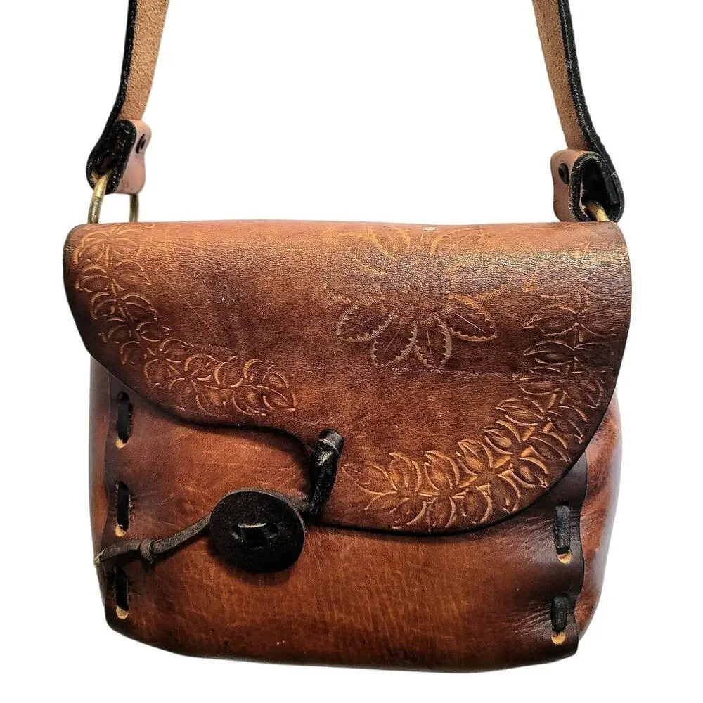 Seventies Tooled Leather Brown Shoulder Bag Boho Folk Charm Wanderer Retro Style